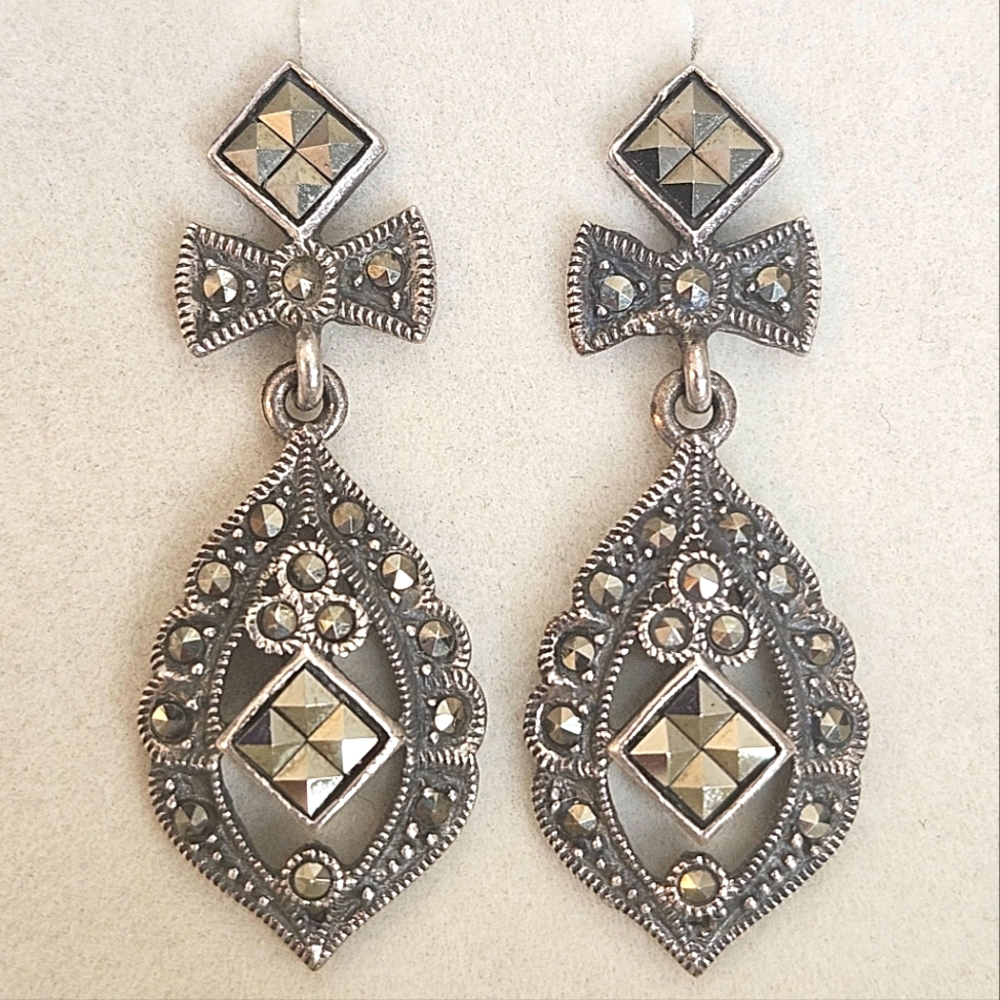 Vintage Charles Winston Sterling Silver Marcasite Ribbon Bow Dangle 925 Earrings
